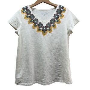 SOFT SURROUNDINGS Womens Size M Marianas V Neck Embroidered T Shirt Top Cream